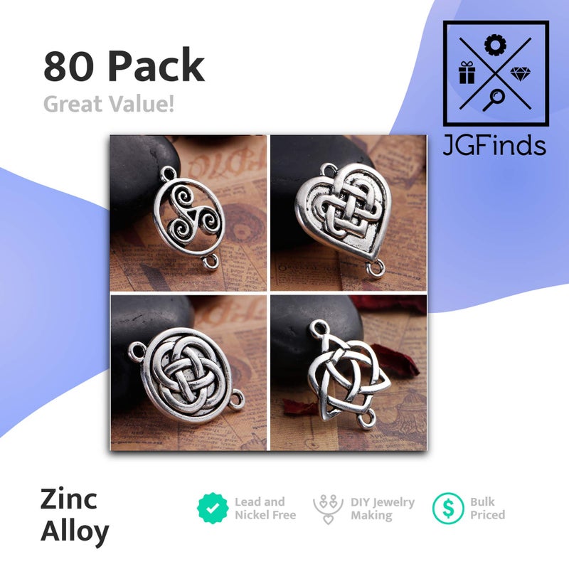 JGFinds Celtic Knot Connector Charms, Silver Tone Findings, 80 Pack (20 of Each Style) - Endless Irish Knot, Tibetan, Rune Charm, Wiccan, or Celtic Jewelry - Image 2